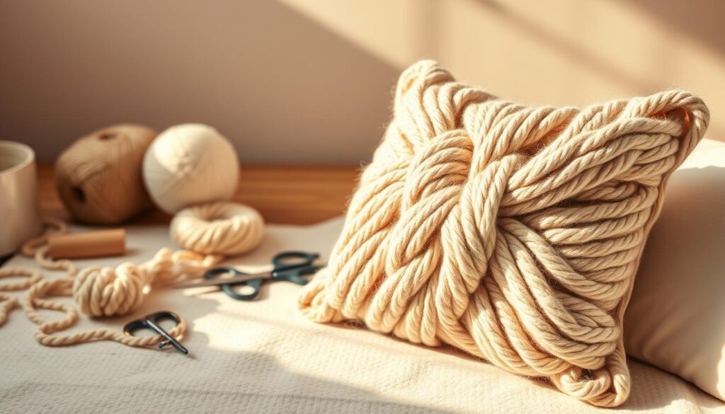 A beautifully lit close-up photo of a DIY knot pillow tutorial, showcasing the step-by-step process of creating this trendy home decor piece. The foreground features a soft, plush pillow with a thick, intricate knot pattern in a neutral, natural color. The middle ground displays the materials needed, such as chunky yarn, scissors, and a pillow form. The background is a bright, airy workspace with a wooden surface, casting warm, directional lighting on the scene. The overall mood is cozy, inviting, and inspiring, encouraging the viewer to craft their own unique knot pillow.