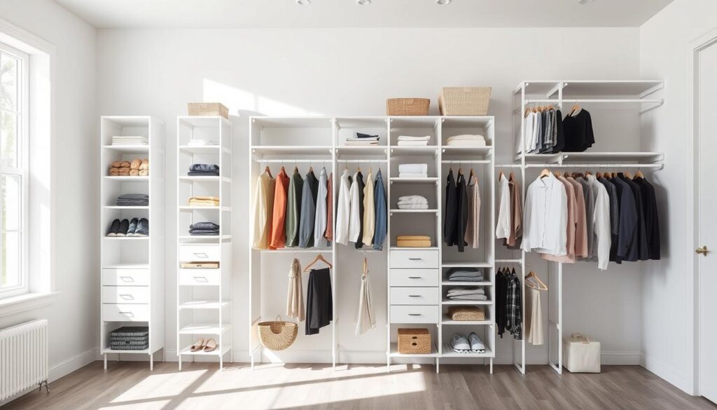 A carefully arranged display of modular closet systems from IKEA, Elfa, and other leading brands, showcased in a bright, minimalist home interior. The systems are meticulously organized, with shelves, drawers, and hanging rods of varying sizes and configurations, demonstrating their versatility and customization potential. Natural lighting floods the scene, casting soft shadows and highlighting the clean lines and high-quality materials of the closet components. The overall atmosphere is one of efficiency, organization, and design-forward home organization solutions.