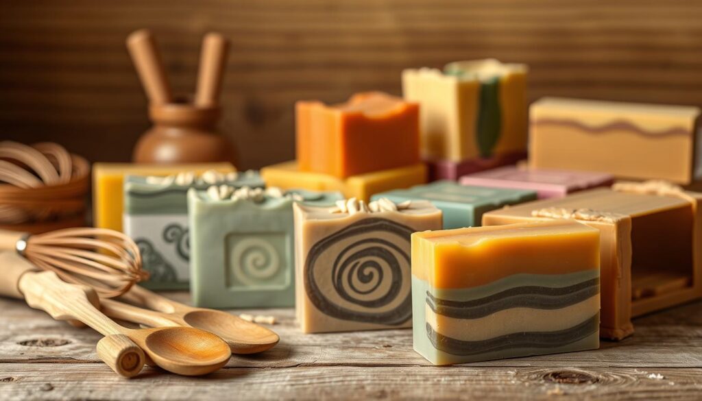 A close-up shot of a collection of handmade soap bars in various shapes, sizes, and vibrant colors, arranged neatly on a rustic wooden surface. The foreground features an assortment of soap-making tools, including a set of handcrafted wooden spatulas, a whisk, and a set of molds. The middle ground showcases the finished soap bars, each one showcasing intricate patterns, natural ingredients, and a glistening, smooth surface. The background is softly out of focus, creating a cozy, artisanal atmosphere. The lighting is warm and gentle, casting a soft, inviting glow on the scene, emphasizing the handmade nature of the products. The overall composition conveys a sense of craftsmanship, attention to detail, and the joy of creating something unique and natural.