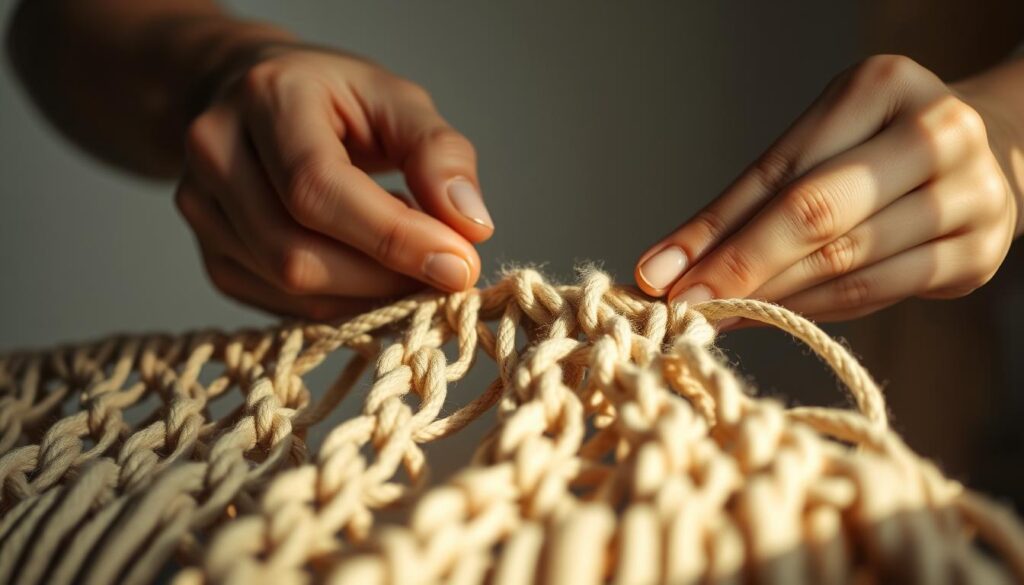 A close-up view of a person's hands carefully inspecting and correcting intricate macramé knots. The fabric is a neutral, earthy tone, with the knotted texture visible in the foreground. Soft, diffused lighting from an angle illuminates the delicate handiwork, casting subtle shadows that accentuate the intricate patterns. The background is blurred, allowing the viewer to focus solely on the process of troubleshooting and fixing the knots. The overall mood is one of concentration, patience, and the satisfying resolution of a common macramé challenge.