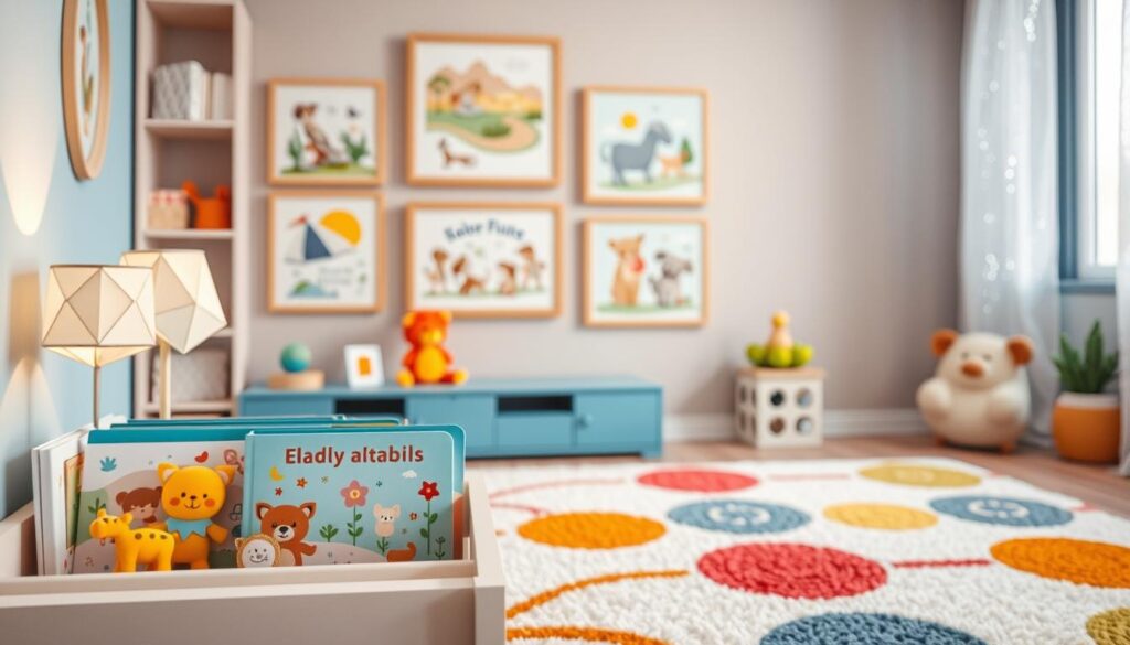 A colorful, whimsical scene of kid-friendly decor elements. In the foreground, a bookshelf with cheerful, illustrated children's books, plush animal figurines, and a tabletop lamp with a playful, geometric shade. In the middle ground, a wall-mounted display of framed artwork depicting playful scenes and characters. In the background, a soft, textured rug in a bold, abstract pattern and a window with sheer, shimmering curtains that let in natural light. The overall atmosphere is warm, inviting, and perfect for sparking the imagination of young minds.