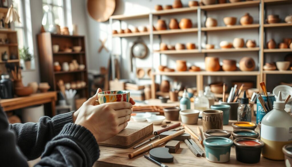 A cozy DIY studio with natural lighting and an array of pottery painting supplies. In the foreground, an artist's hands carefully applying vibrant colors to a ceramic mug. In the middle ground, various painting tools like brushes, sponges, and glazes neatly arranged on a wooden table. The background features shelves displaying finished pottery pieces in earthy tones. The scene exudes a sense of creativity, focus, and the joy of hands-on craftsmanship.