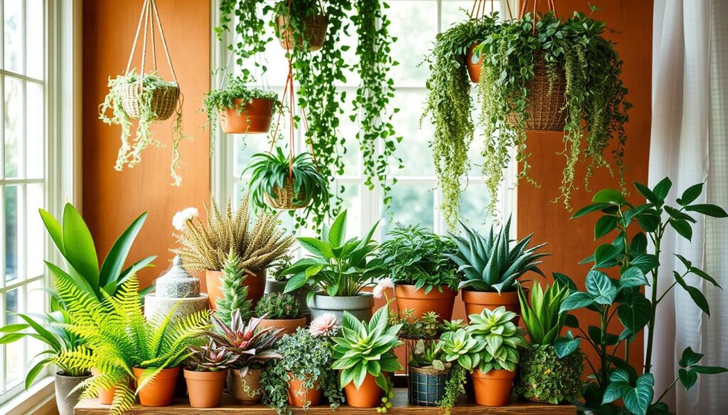 A cozy and inviting seasonal plant display set against a warm, natural backdrop. In the foreground, a variety of potted plants, including lush ferns, vibrant succulents, and delicate flowering plants, artfully arranged on a rustic wooden plant stand. The middle ground features a mix of trailing vines and textured greenery cascading from hanging baskets, creating a sense of depth and layering. In the background, a large window allows natural light to pour in, illuminating the scene and casting soft shadows. The overall mood is one of tranquility and harmonious balance, perfectly capturing the essence of showcasing seasonal plants in a DIY plant stand display.