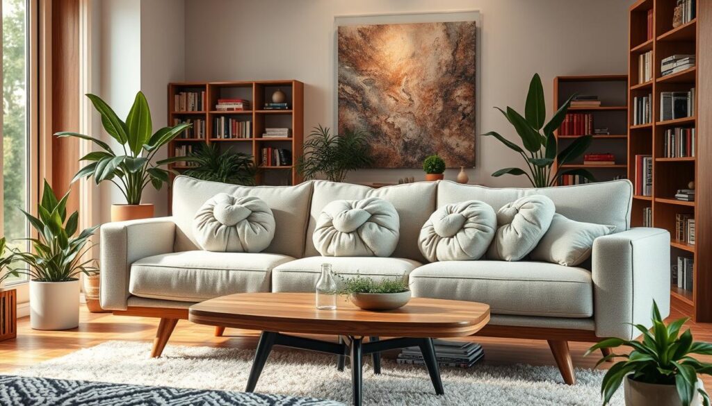 A cozy and stylish living room with plush knot pillows adorning a mid-century modern sofa. Warm lighting casts a soft glow, accentuating the textured fabrics and natural wood accents. Sleek bookshelves line the walls, creating a refined and inviting ambiance. Lush potted plants and a shaggy rug add layers of texture, while a large window allows natural light to flood the space. The scene evokes a sense of relaxation and sophisticated comfort, perfect for showcasing the trendy knot pillow decor.