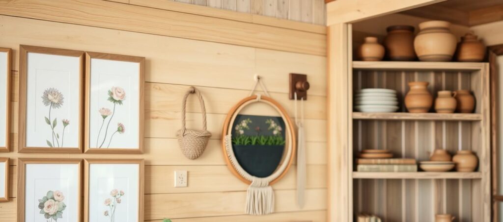 A cozy farmhouse-inspired space with natural wood tones and rustic accents. In the foreground, a trio of framed floral prints in neutral hues hangs on a shiplap-style wall. The middle ground features a mix of budget-friendly DIY wall decor, including a wall-mounted wooden planter, a yarn-wrapped embroidery hoop, and a simple chalkboard sign. The background showcases a rustic-chic shelving unit displaying earthenware pottery and weathered books. Soft, diffused lighting creates a warm, inviting atmosphere, complementing the overall farmhouse aesthetic. The image conveys a sense of handcrafted charm and effortless style on a reasonable budget.