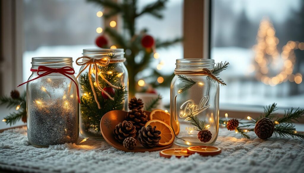 A cozy holiday scene with a collection of festively decorated mason jars taking center stage. In the foreground, a trio of jars in varying sizes and shapes, adorned with intricate patterns of glitter, ribbons, and greenery. The middle ground features a scattering of pinecones, dried citrus slices, and twinkling fairy lights, casting a warm, inviting glow. In the background, a soft, blurred winter landscape, with a dusting of snow and the silhouettes of distant trees. The lighting is soft and diffused, creating a dreamy, magical atmosphere, as if captured by a vintage camera lens. The overall composition evokes a sense of rustic charm and homespun holiday cheer.