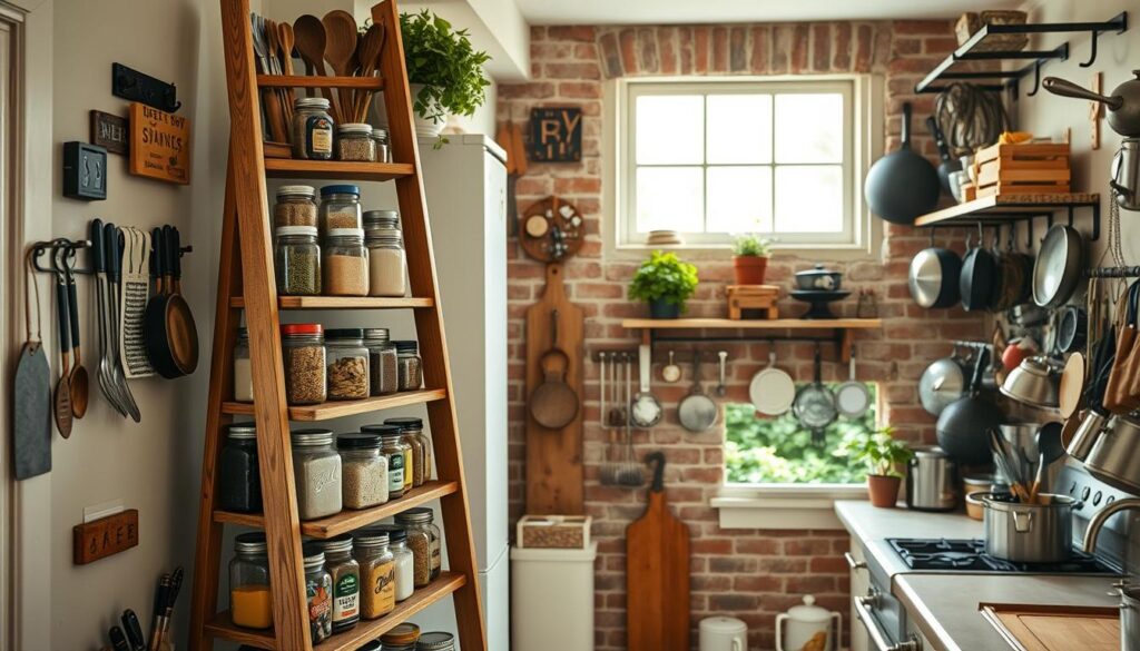 A cozy kitchen with unconventional storage solutions in a warm, well-lit setting. In the foreground, a repurposed wooden ladder holds an array of spices, herbs, and cooking utensils. On the middle shelves, creatively stacked vintage canisters and mason jars store dry goods. Along the walls, a patchwork of pegboards, hooks, and wall-mounted racks display an eclectic collection of pots, pans, and kitchenware. The background features a rustic brick backsplash, with a large window letting in natural light and offering a glimpse of a lush, verdant garden outside. The overall atmosphere is one of charming functionality and a whimsical, DIY-inspired aesthetic.