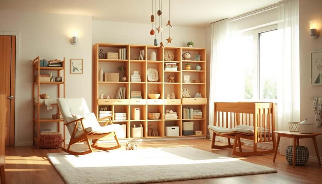 A cozy, sun-drenched nursery space with a multi-functional layout. In the foreground, a plush rug in a soothing pastel hue invites little ones to play. A mid-century modern rocking chair sits adjacent to a padded changing table, both in warm, natural wood tones. Hanging above, a mobile of whimsical shapes casts gentle shadows. In the middle ground, a modular bookshelf doubles as a storage unit, its shelves displaying a mix of children's books, toys, and decorative accents. The background features a large window flooding the room with soft, diffused natural light, complemented by ambient sconces casting a cozy glow. An overall serene, nurturing atmosphere pervades the scene.