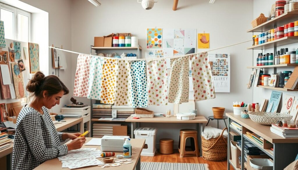 A cozy, well-lit DIY studio space with an array of wallpaper-making supplies. In the foreground, a person diligently crafting intricate paper patterns using various cutting tools and adhesives. The middle ground showcases a selection of vibrant, hand-painted wallpaper samples drying on a clothesline. In the background, shelves brimming with rolls of colorful patterned paper, paints, and inspirational mood boards. The overall atmosphere conveys a sense of creativity, experimentation, and the rewarding process of transforming a bare nursery wall into a unique, personalized mural.