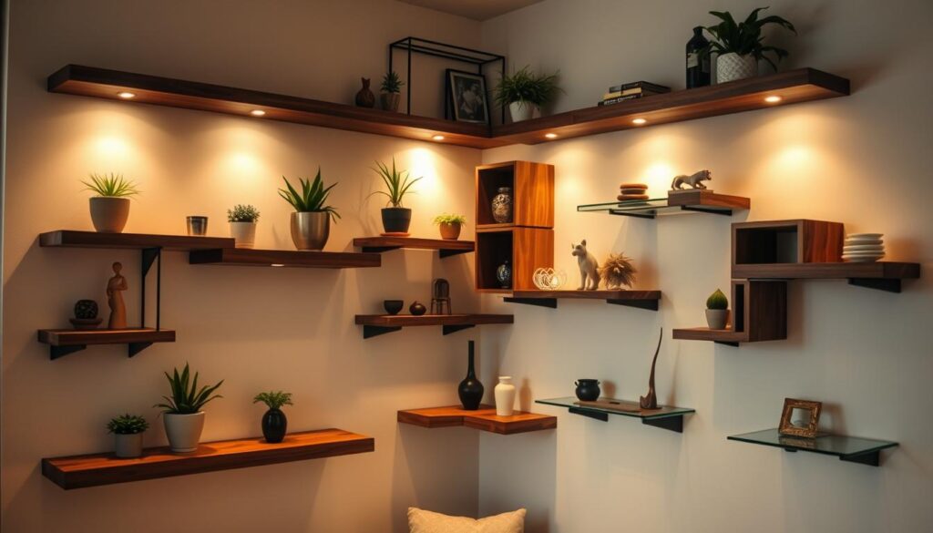 A cozy, well-lit corner showcasing a collection of creative, unique floating shelves in various shapes and sizes. The shelves are arranged in an intriguing, asymmetric layout, featuring a mix of solid wood, metal, and glass materials. Strategically placed decorative elements, such as potted plants, vases, and artful figurines, add depth and personality to the display. The lighting, a combination of soft ambient illumination and focused accent lights, casts a warm, inviting glow, highlighting the textures and contours of the shelves. The overall atmosphere is one of stylish functionality and artistic expression, inspiring viewers to explore the possibilities of crafting their own customized corner shelf designs.