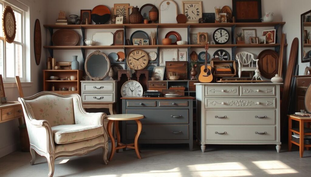 A cozy, well-lit studio setting, showcasing a diverse array of furniture pieces in various stages of chalk paint transformation. In the foreground, a vintage armchair with delicate floral patterns, its surface meticulously distressed to reveal the natural wood grain beneath. Alongside it, a sleek, modern side table with a smooth, matte finish in a soft, neutral tone. In the middle ground, a rustic farmhouse-style dresser, its drawers adorned with intricate hand-painted designs, creating a harmonious blend of old and new. The background features a wall of shelves displaying an eclectic collection of repurposed and repainted furnishings, each piece a unique expression of the chalk paint medium's versatility. The overall atmosphere is one of artistic inspiration, encouraging the viewer to reimagine the potential of their own furniture.
