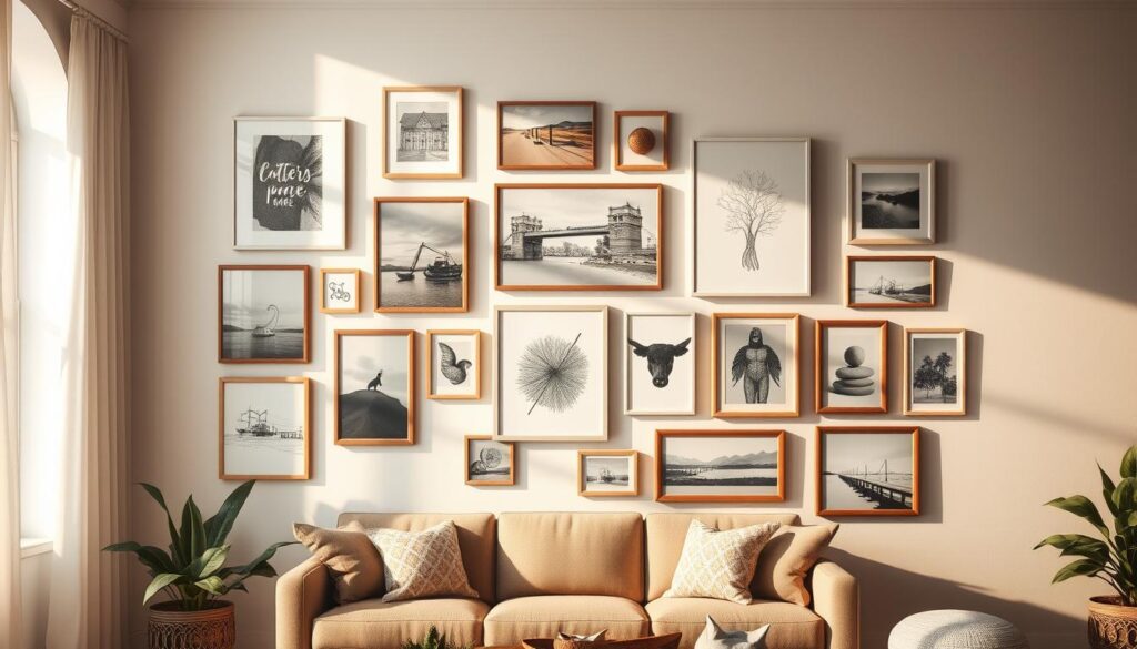 A gallery wall showcasing a harmonious collection of mixed canvas prints, each with a unique style and subject matter. The canvases are arranged in a visually appealing layout, with a mix of sizes, shapes, and frames that complement each other. The room is bathed in warm, natural lighting, creating a cozy and inviting atmosphere. The walls are a neutral, light-colored palette, allowing the artwork to take center stage. The overall composition exudes a sense of artful curation, inspiring creativity and a desire to curate a similar gallery wall in the viewer's own space.