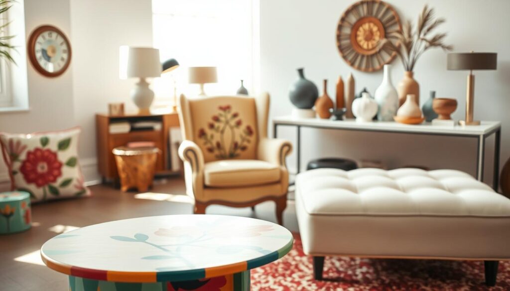 A hand-painted, whimsical display of creative furniture accents in a well-lit, airy studio setting. In the foreground, a vibrant mid-century inspired side table with a bold floral pattern commands attention. In the middle ground, a vintage armchair is adorned with a delicate, nature-inspired mural. The background features a sleek, modern console table topped with an assortment of artfully arranged vases, sculptures, and other decorative objects. Soft, diffused natural lighting casts a warm, inviting glow throughout the scene, highlighting the textural and visual interest of the hand-painted elements. The overall atmosphere is one of creativity, sophistication, and a touch of playfulness.