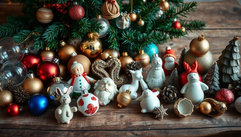 A meticulously curated collection of holiday ornaments arranged on a rustic wooden table, bathed in warm, soft lighting. An eclectic assortment of glass baubles, handmade ceramic figurines, and gleaming metallic accents create a visually captivating display. The ornaments are strategically positioned to showcase their intricate details and textures, inviting the viewer to closely examine each unique piece. The overall composition evokes a sense of holiday nostalgia and the cherished traditions of family heirlooms. The image is captured from a slight overhead angle, emphasizing the thoughtful curation and arrangement of the ornaments. The background is softly blurred, allowing the ornaments to take center stage and shine as the focal point of the scene.