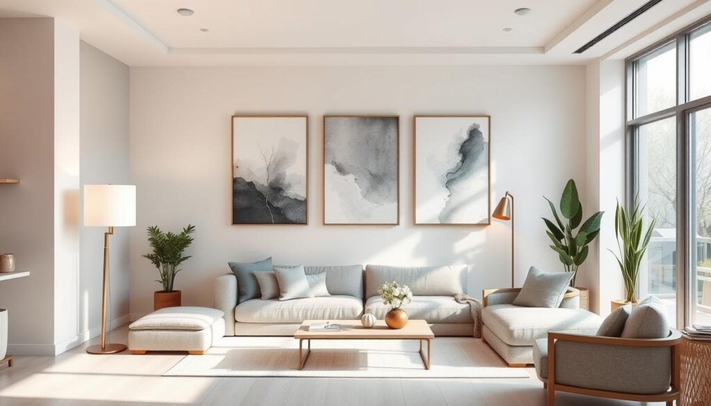 A modern and minimalist interior space with clean lines and a neutral color palette. The focal point is a gallery wall showcasing several canvas prints with abstract, nature-inspired designs. The prints are arranged in a balanced, asymmetrical layout, creating visual interest. Warm, soft lighting from floor lamps and pendant fixtures casts a cozy glow, complementing the textured linen and wood furnishings. Large windows allow natural light to flood the room, accentuating the airy, serene atmosphere. Subtle plant life and decorative accents add pops of greenery and subtle texture, enhancing the overall harmony of the space.