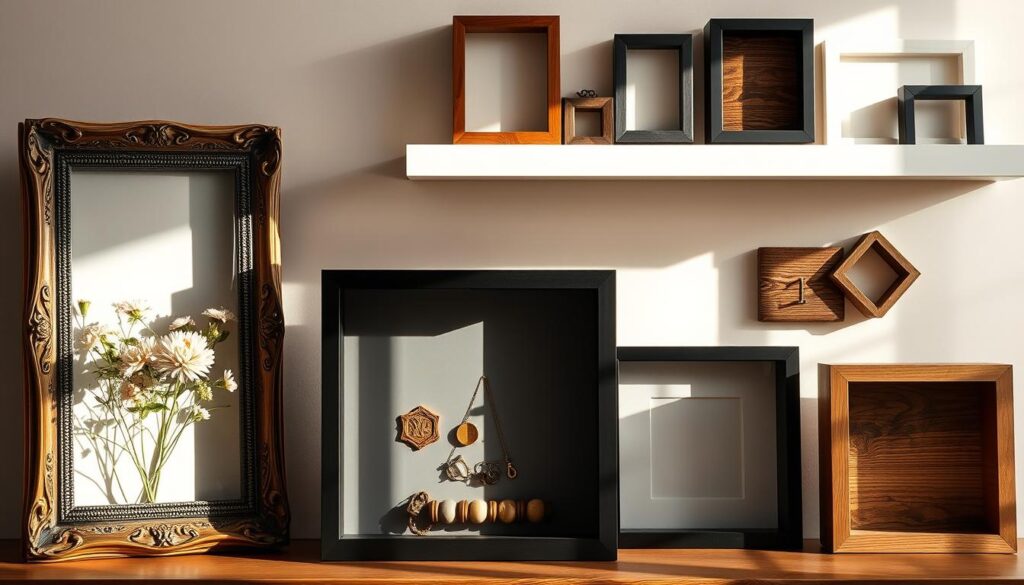 A neatly arranged display of diverse shadow box options, showcasing their versatility. In the foreground, an ornate wooden frame encases a delicate floral arrangement, its shadows cast with soft, directional lighting. In the middle ground, a minimalist black box highlights a collection of vintage trinkets, creating an intriguing visual narrative. The background features a sleek, floating shelf displaying various shadow box sizes and shapes, including a geometric design and a reclaimed wood option, all bathed in a warm, natural light. The overall atmosphere exudes a sense of thoughtful curation and a celebration of the creative potential of these versatile display pieces.