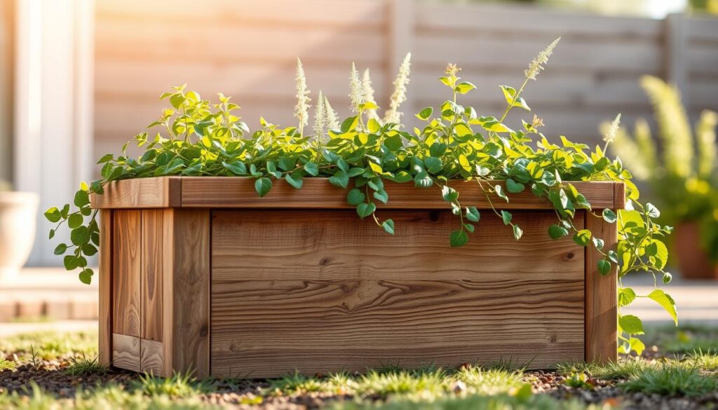 A rustic, hand-crafted woodworking planter box sits in a well-lit, airy outdoor setting. The box is made of reclaimed, weathered wood planks, with a natural, distressed finish. The front features a simple, clean-lined design with a slight taper, complemented by smooth, rounded edges. Lush, verdant plants cascade over the sides, adding a touch of organic vitality. Warm, diffused sunlight filters through the scene, creating soft shadows and highlights that accentuate the textural qualities of the wood. The overall composition conveys a sense of skilled, artisanal craftsmanship and a harmonious integration of nature and handmade form.