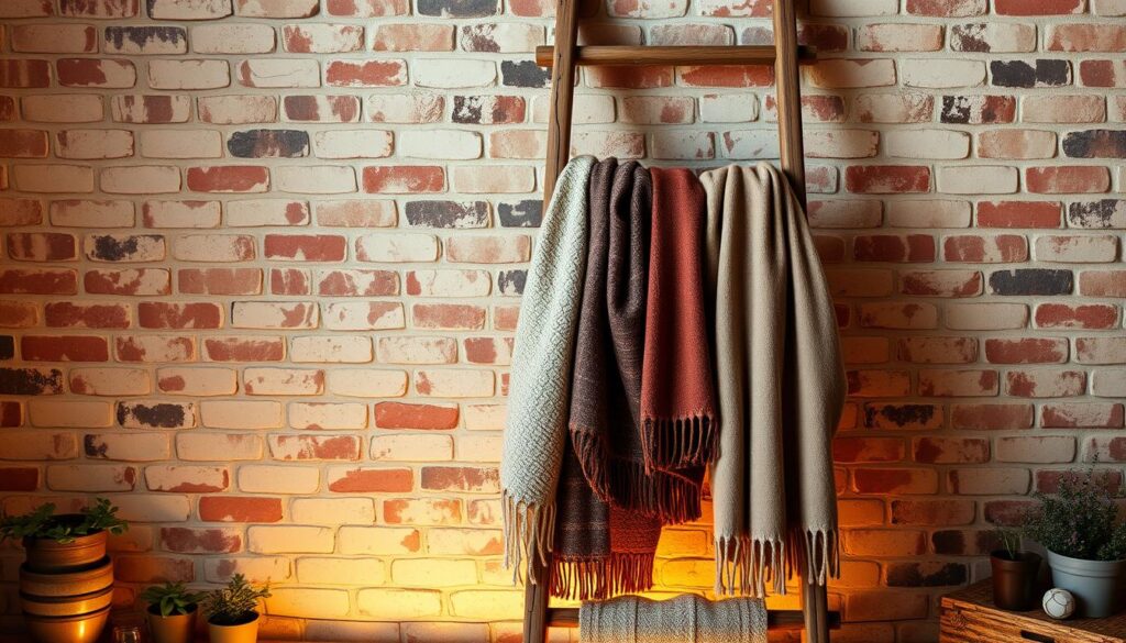 A rustic wooden blanket ladder standing against a weathered brick wall, adorned with several cozy handcrafted blankets draped casually over its rungs. The ladder is illuminated by warm, soft lighting casting a gentle glow, creating a inviting, homely atmosphere. The blankets display a mix of earthy tones and natural textures, evoking a sense of comfort and timeless charm. In the background, a few scattered potted plants and simple decorative items add subtle touches of organic, rustic elegance.