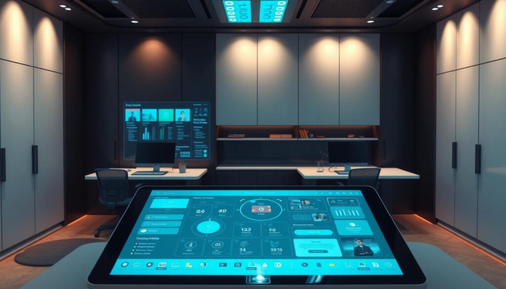 A sleek, futuristic command center for a busy family home. In the foreground, a large interactive display dominates the scene, showcasing a hub of vital information and controls. Illuminated by soft, ambient lighting, the display presents a dashboard of schedules, reminders, and smart home controls. In the middle ground, ergonomic workstations with touchscreen interfaces allow for seamless task management and communication. The background features a minimalist, high-tech aesthetic with clean lines, neutral tones, and discreet storage solutions, creating a calm and efficient workspace. The overall atmosphere conveys a sense of organization, connectivity, and family-centric technology.