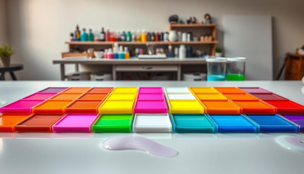 A tabletop scene showcasing various custom resin color techniques. The foreground features an array of resin color samples in a variety of hues, from vibrant neon shades to soft pastel tones, arranged on a smooth, reflective surface. In the middle ground, a resin artist's workstation with tools, mixing cups, and a selection of pigments and additives. The background depicts a well-lit studio space with neutral-toned walls, allowing the colors to take center stage. The lighting is soft and diffused, creating a serene, artistic atmosphere. The overall composition conveys the creative possibilities and versatility of customizing resin colors for unique craft projects.