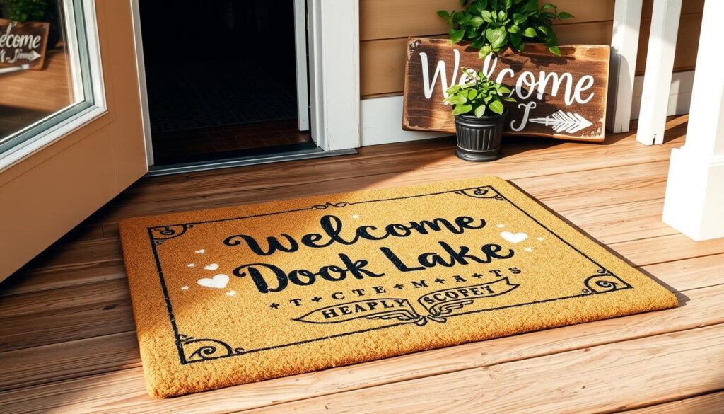 A unique, personalized doormat resting on a warm, weather-worn wooden porch. The doormat features a playful, hand-painted design that reflects the homeowner's personality - perhaps a quirky pattern, an inspiring quote, or a whimsical illustration. Soft, natural lighting filters through a nearby window, casting a cozy glow on the scene. The doormat's textures and details are crisp and vivid, inviting visitors to pause and take in the home's charming character. In the background, a lush potted plant and a rustic, distressed welcome sign add to the inviting ambiance, creating a delightful first impression for all who approach.