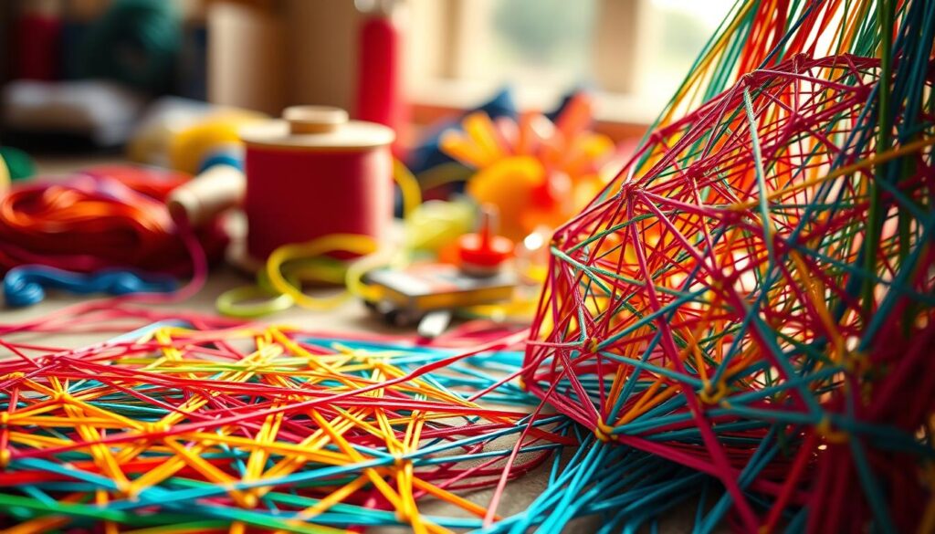 A vibrant, close-up depiction of creative string art techniques, showcasing intricate patterns and textures. The foreground features colorful strings woven and manipulated into intricate geometric designs, with highlights and shadows accentuating the depth and dimensionality of the compositions. The middle ground depicts a variety of string-based artistic tools and materials, such as spools, needles, and vibrant colored threads. The background is softly blurred, suggesting a studio or workshop setting, with warm, natural lighting illuminating the scene. The overall mood is one of artistic focus, experimentation, and the joy of crafting unique, handmade string-based creations.