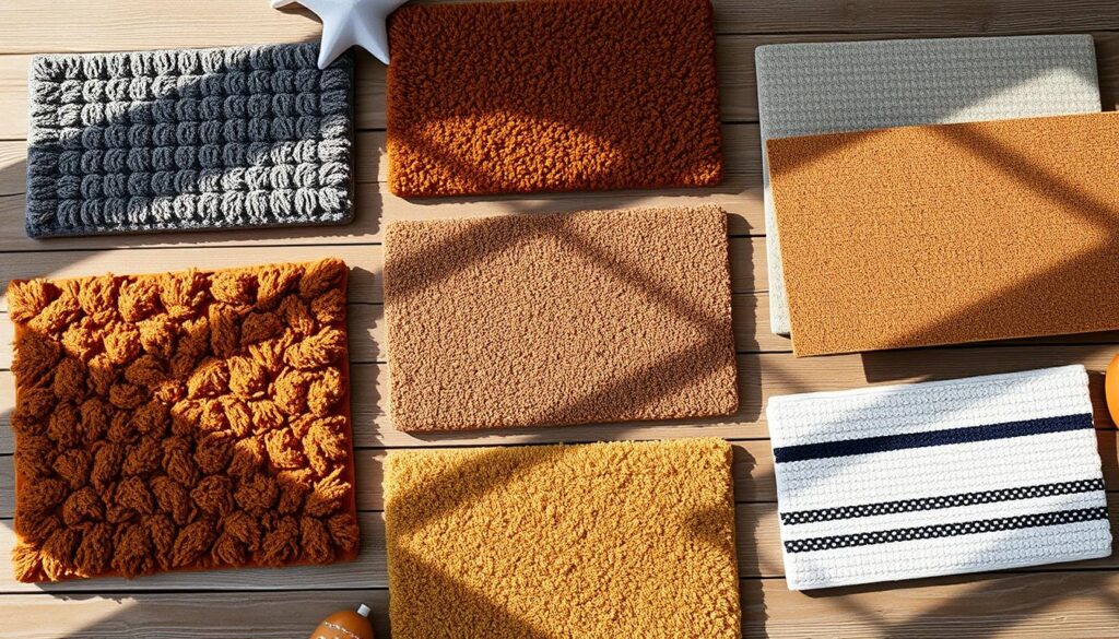 A vibrant display of best-selling doormats arranged on a weathered wooden surface. A diverse collection of textures and patterns including plush tufted mats, sturdy coir fiber designs, and sleek modern minimalist styles. Muted lighting casts warm shadows, highlighting the intricate details and materials. The mats are presented in an inviting, visually appealing layout that showcases their unique personalities and practical functionality as cozy entryway accents. An atmosphere of seasonal charm and welcoming elegance pervades the scene.
