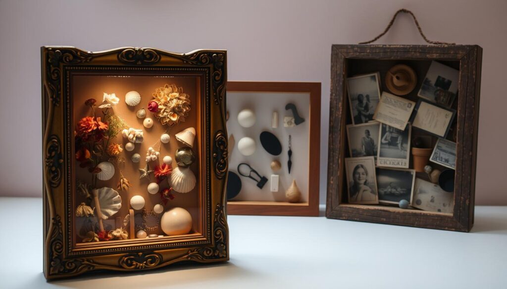 A vibrant showcase of shadow box displays, each one a captivating tableau of carefully curated objects and textures. The foreground features an ornate wooden frame encasing a delicate arrangement of dried flowers, seashells, and vintage jewelry, bathed in soft, warm lighting. In the middle ground, a modern minimalist shadow box displays a collection of abstract shapes and geometric patterns, creating a striking visual contrast. The background showcases a rustic, wall-mounted shadow box displaying an eclectic mix of old photographs, ephemera, and eclectic trinkets, evoking a sense of nostalgia and personal history. The overall scene exudes a harmonious blend of creativity, style, and attention to detail, inspiring viewers to create their own unique shadow box displays.