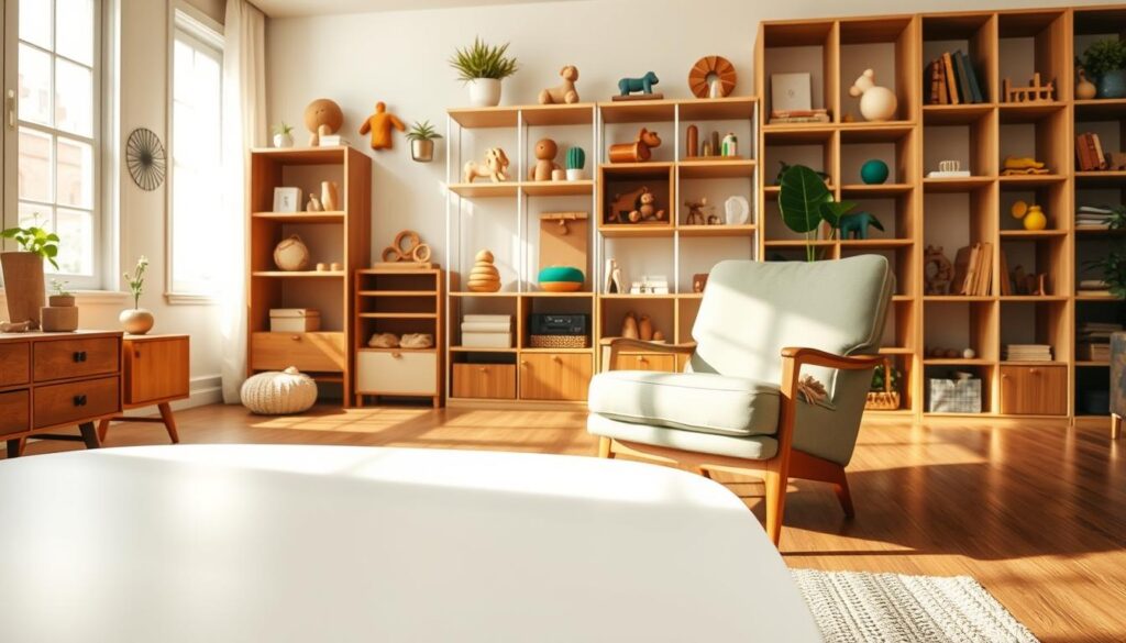 A vibrant, well-lit interior showcasing an assortment of non-toxic, kid-friendly furniture finishes. In the foreground, a sleek, modern coffee table with a smooth, matte white surface. In the middle ground, a mid-century inspired armchair upholstered in a soft, eco-friendly fabric in a soothing sage green. In the background, a set of modular shelves featuring an array of colorful, sustainably sourced wooden toys and decor. Warm, natural lighting filters in, casting a gentle glow and highlighting the natural textures and materials. The overall atmosphere conveys a sense of comfort, safety, and environmental consciousness, perfectly suiting the "Furniture Makeover: Expert Tips for Kid-Friendly Transformations" section.