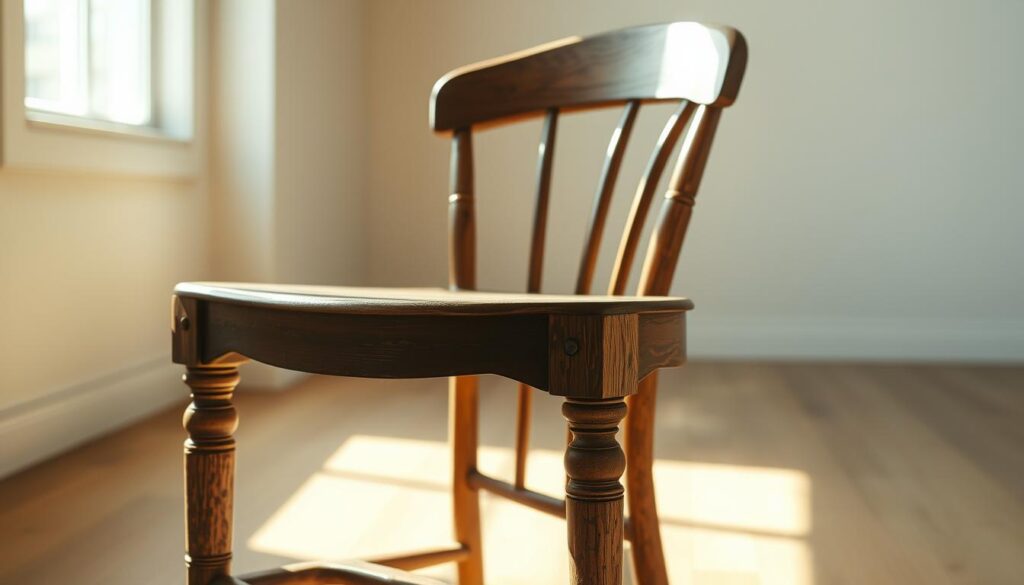 A vintage wooden chair in a sun-drenched studio, its matte finish surface subtly reflecting the soft, natural light. The chair's distressed details and subtle brush strokes create a charming, time-worn appearance. A subtle haze of ambient light fills the space, casting gentle shadows that accentuate the chair's texture and depth. The composition is framed to showcase the chair's elegant silhouette and the captivating matte finish, inviting the viewer to appreciate the craftsmanship and artistry of this transformed piece of furniture.