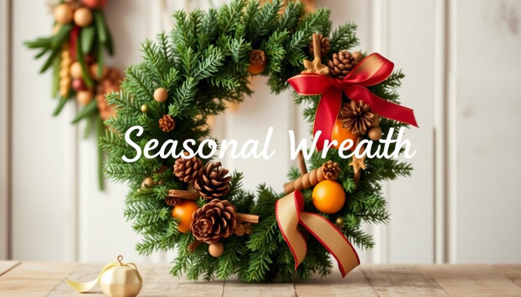 A warm, cozy seasonal wreath tutorial set against a softly blurred background. In the foreground, a lush, evergreen wreath adorned with natural elements like pinecones, dried oranges, cinnamon sticks, and a festive ribbon. The lighting is soft and diffused, creating a welcoming, inviting atmosphere. The wreath is positioned on a wooden surface, perhaps a rustic table or a weathered door, with the background gently fading into a serene, neutral palette. The overall composition emphasizes the step-by-step process of crafting a beautiful, handmade seasonal wreath that can be cherished throughout the year.
