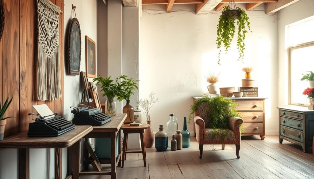A well-lit, airy studio space filled with repurposed thrift store treasures. In the foreground, an intricate macrame wall hanging adorns a rustic wooden shelf, the soft neutral tones of the fibers complementing the aged patina. Nearby, a vintage typewriter sits atop a distressed side table, its keys gleaming under the warm, diffused lighting. In the middle ground, a cluster of mismatched vases and jars overflows with lush, trailing greenery, casting soft shadows across the uneven floorboards. In the background, a large window floods the space with natural light, revealing a collection of transformed furniture pieces - a chipped armchair reupholstered in a vibrant, bohemian fabric, and a weathered dresser transformed into a charming, one-of-a-kind storage unit.