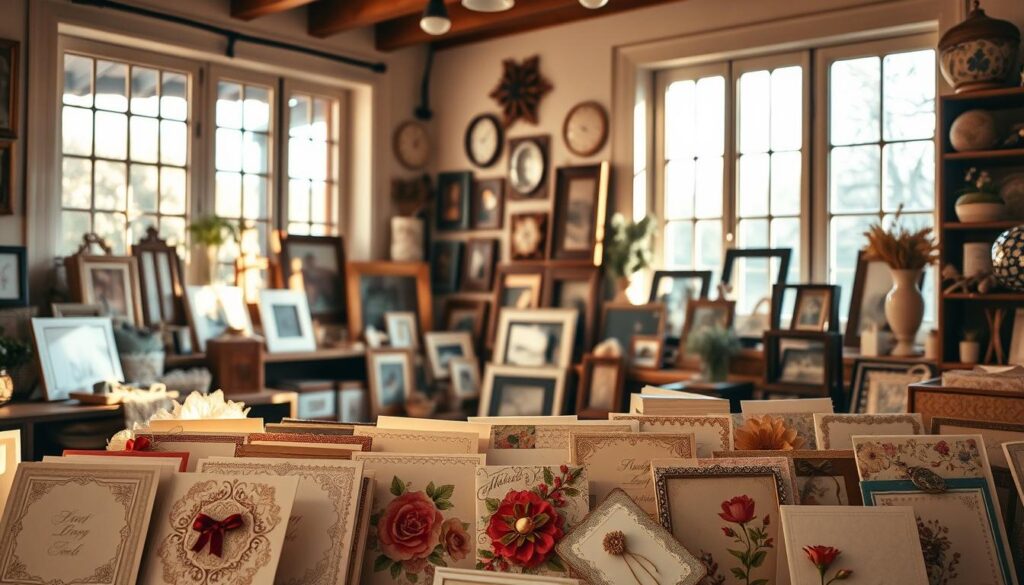 A well-lit, cozy home studio filled with handmade greeting cards and photo frames. In the foreground, an assortment of elegant cards with intricate floral patterns, ribbons, and embellishments. In the middle ground, a variety of rustic, wooden photo frames with vintage-inspired designs. Warm, natural lighting cascades through large windows, casting a soft, inviting glow. Textures of paper, wood, and fabrics create a tactile, artisanal atmosphere. The overall scene evokes a sense of creativity, craftsmanship, and heartfelt personal expression, perfect for home decor.