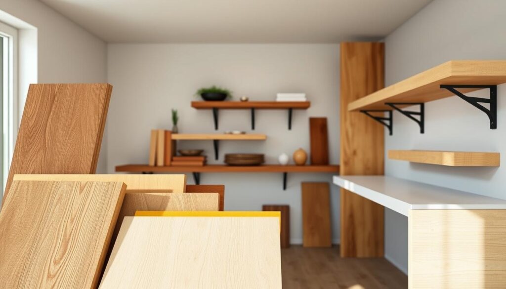 A well-lit, high-angle shot showcasing an array of floating shelf materials. In the foreground, an assortment of wood samples - oak, pine, and maple - displayed neatly. In the middle ground, various bracket styles and finishes, including metal, wood, and floating ledge designs. The background features a minimalist, clean-lined interior setting, with soft, diffused lighting illuminating the scene. The overall mood is one of design exploration, guiding the viewer through the key considerations when selecting floating shelf materials for a DIY home project.