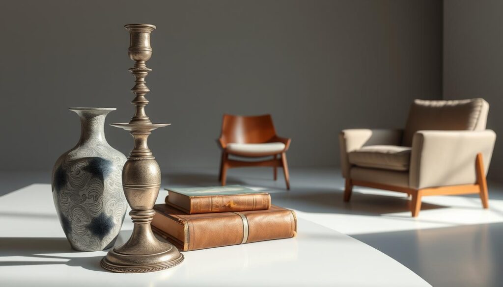 A well-lit studio setting showcasing an arrangement of profitable thrift store finds meticulously curated for a high-end home decor aesthetic. In the foreground, an intricately patterned vintage vase, a tarnished silver candelabra, and a worn leather-bound book are positioned on a sleek white surface, their textures and colors complementing each other. In the middle ground, a mid-century modern armchair and a rustic wooden side table stand out against a muted background, hinting at the versatility of these repurposed items. Soft, natural lighting casts subtle shadows, highlighting the character and charm of these thrifted treasures, ready to be transformed into designer home accents.