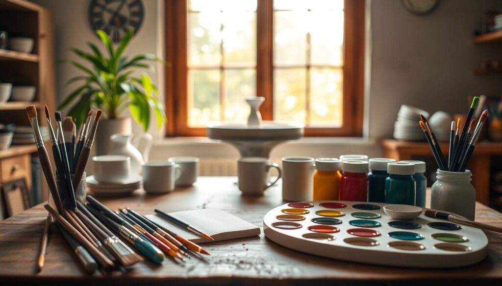 A well-lit studio workspace with an assortment of pottery painting essentials arranged neatly on a wooden table. In the foreground, a set of high-quality paint brushes, acrylic paints in vibrant hues, and a ceramic tile palette. Slightly out of focus in the middle ground, a pottery wheel and a handful of plain ceramic mugs and plates awaiting decoration. In the background, a large window allows natural light to flood the space, casting a warm, inviting glow over the scene. The overall atmosphere is one of creativity, simplicity, and a DIY spirit, inspiring the viewer to unleash their artistic potential without the need for a kiln.