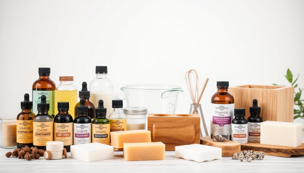 A well-lit tabletop arrangement showcasing a selection of cost-effective soap making supplies. In the foreground, an assortment of essential oils, natural colorants, and unscented soap bases in various sizes and shapes. In the middle ground, a set of measuring cups, a whisk, and a handcrafted wooden soap mold. In the background, a clean white backdrop accentuates the natural, earthy tones of the materials. The lighting is soft and diffused, creating a warm, inviting atmosphere that highlights the simplicity and accessibility of homemade soap crafting.