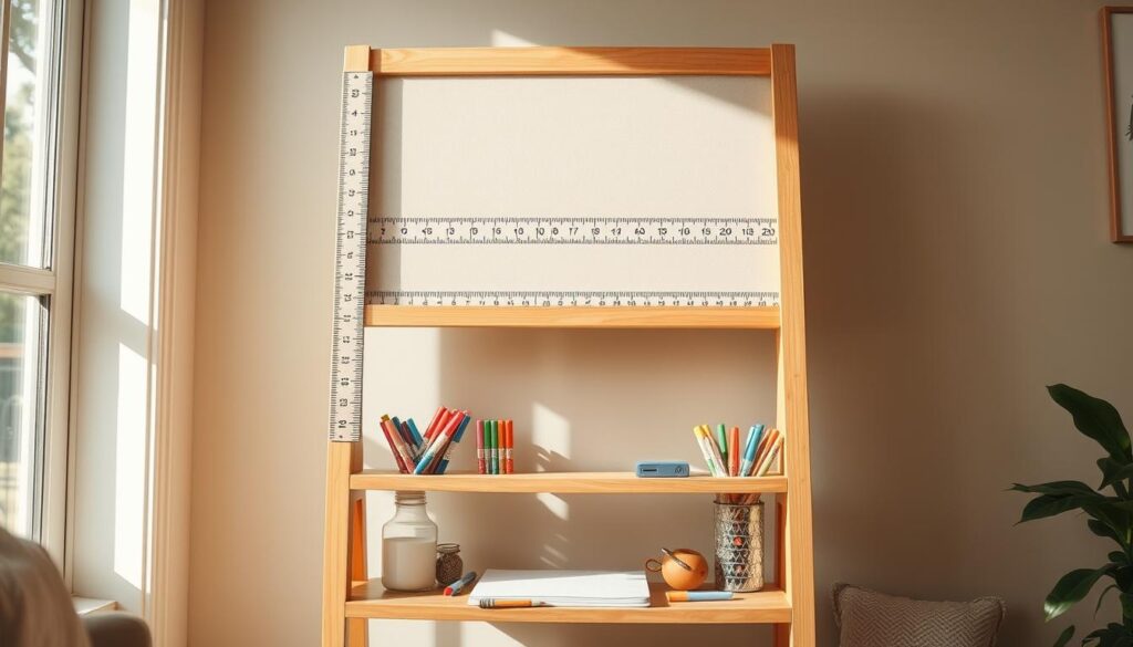 A well-lit, wooden-framed growth tracking station stands in a cozy, sunlit home interior. Carefully marked rulers line the frame, providing a charming way to document a child's height over time. A sturdy shelf below holds an assortment of colorful markers, a notebook, and other supplies, creating an organized, inviting space. The warm, natural tones of the wood contrast with the soft, neutral tones of the walls, evoking a sense of comfort and domesticity. The angle captures the station's functionality and aesthetic appeal, showcasing how it can seamlessly integrate into a family's living space.