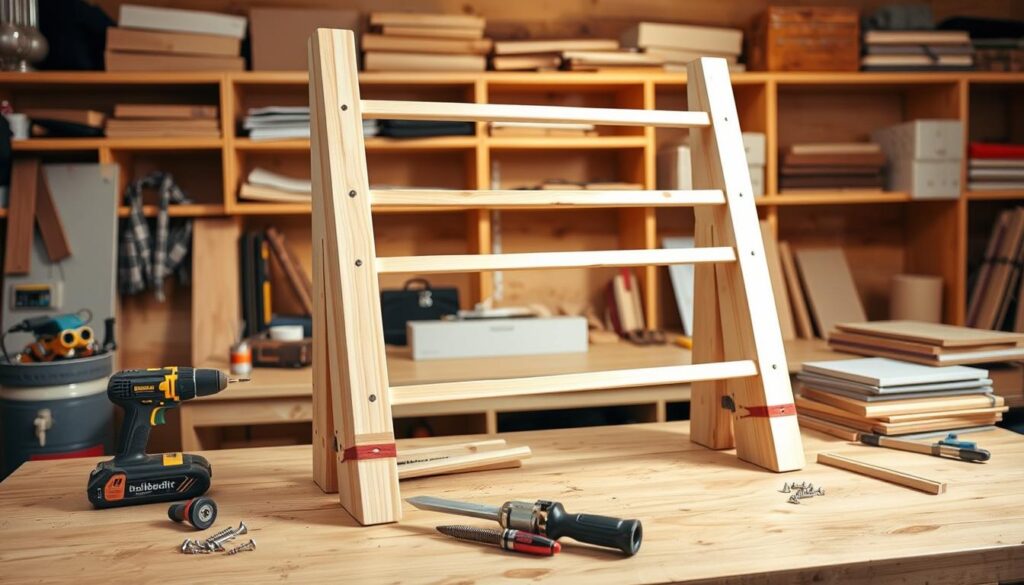 A well-lit workshop setting, a wooden workbench in the foreground showcasing the step-by-step assembly of a DIY blanket ladder. Carefully arranged tools and materials, including wood planks, screws, and a power drill, provide a sense of the project's construction. The ladder's frame takes shape, with the rungs positioned at even intervals, creating a sturdy and visually appealing design. Warm, natural lighting casts a soft glow, highlighting the textures of the wood and the progress of the build. The background features shelves or storage units, adding a sense of organization and a professional, do-it-yourself atmosphere. The overall composition conveys a harmonious, informative, and visually engaging scene for a DIY blanket ladder tutorial.