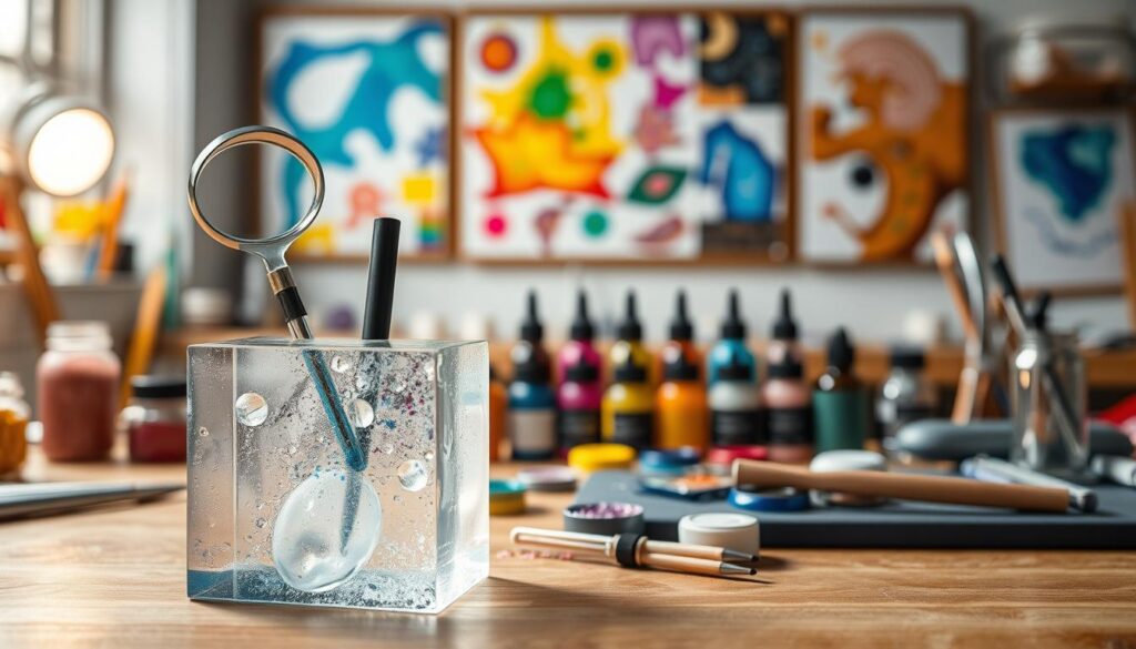 A well-lit workshop table showcases a variety of resin crafting tools and materials. In the foreground, a clear resin block displays a magnifying glass, pipettes, and a mixing stick, hinting at troubleshooting techniques. In the middle ground, an array of colorful resin pigments, glitters, and inclusions suggest creative problem-solving options. The background features a softly blurred display of finished resin projects, providing inspiration and context. The overall scene conveys a sense of thoughtful exploration and experimentation, guiding the viewer through common resin crafting issues.