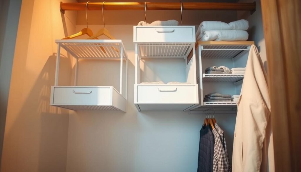 A well-organized closet with meticulously arranged hanging drawer organizers, their shelves and compartments neatly stocked. The organizers are suspended from a solid wooden closet rod, casting soft shadows across the clean, minimalist space. Warm, diffused lighting illuminates the scene, highlighting the crisp white and natural wood tones of the organizers. The camera angle captures the organizers at a low, eye-level perspective, emphasizing their utility and functionality within the organized closet environment. An atmosphere of orderliness and tranquility pervades the image, inviting the viewer to envision the practical application of these versatile storage solutions.