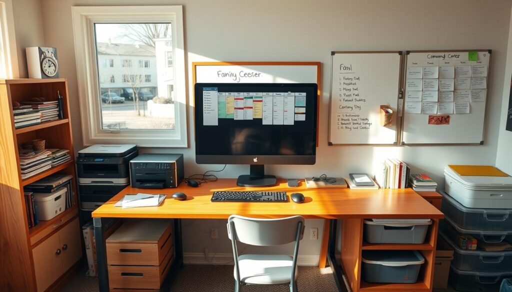 A well-organized family command center setup, with a sturdy wooden desk, a modern computer monitor, and a clear whiteboard for schedules and notes. The desk is bathed in warm, natural lighting from a large window, casting a cozy glow over the space. Carefully arranged around the desk are neatly organized shelves, a printer, and various organizational tools, creating a productive and efficient work area. The overall atmosphere is one of focus and control, reflecting the busy family's need for a central hub to manage their daily activities.