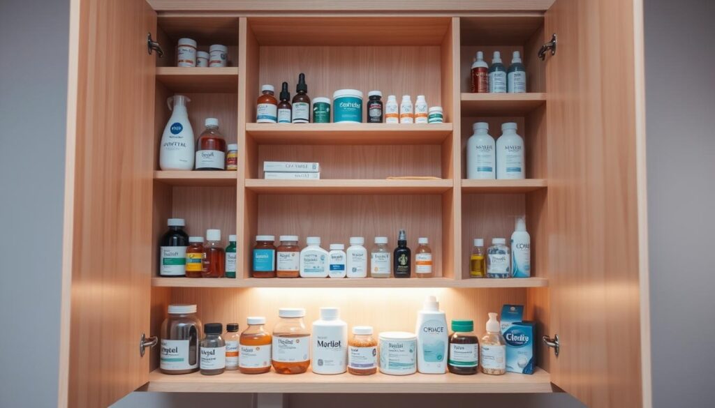 A well-organized medicine cabinet with neatly arranged shelves, filled with various healthcare products and toiletries. The cabinet is mounted on the wall, with a soft, warm lighting illuminating the contents. The shelves are made of a light-colored wood, giving a clean and modern aesthetic. In the foreground, there are jars, bottles, and boxes meticulously placed, reflecting an orderly and efficient storage solution. The middle ground showcases additional shelving units, perhaps for extra storage or display of decorative items. The background features a neutral-colored wall, creating a simple and uncluttered environment that allows the cabinet and its contents to be the focal point.