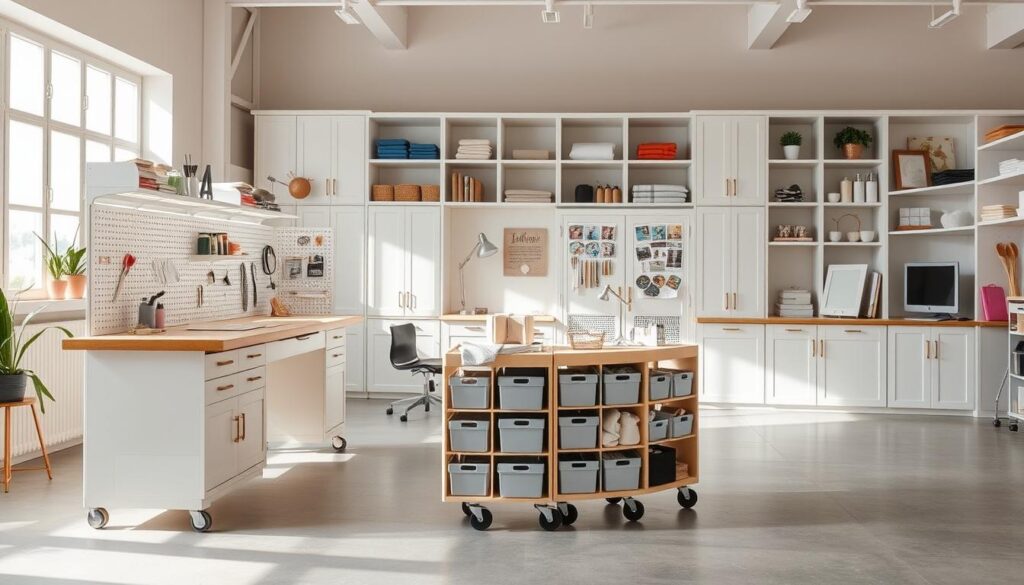 A well-organized, multi-functional craft furniture solution in a bright, airy studio setting. In the foreground, a modular workbench with adjustable shelves, pegboards, and drawers for storing tools and supplies. In the middle ground, a rolling storage cart with cubbies and bins for neatly organizing fabrics, papers, and small items. In the background, built-in cabinets and shelves line the walls, providing ample space for larger equipment, décor, and inspirational displays. Soft, natural lighting filters in through large windows, creating a productive and creative atmosphere. The furniture pieces are minimalist in design, allowing the focus to remain on the craft projects themselves.