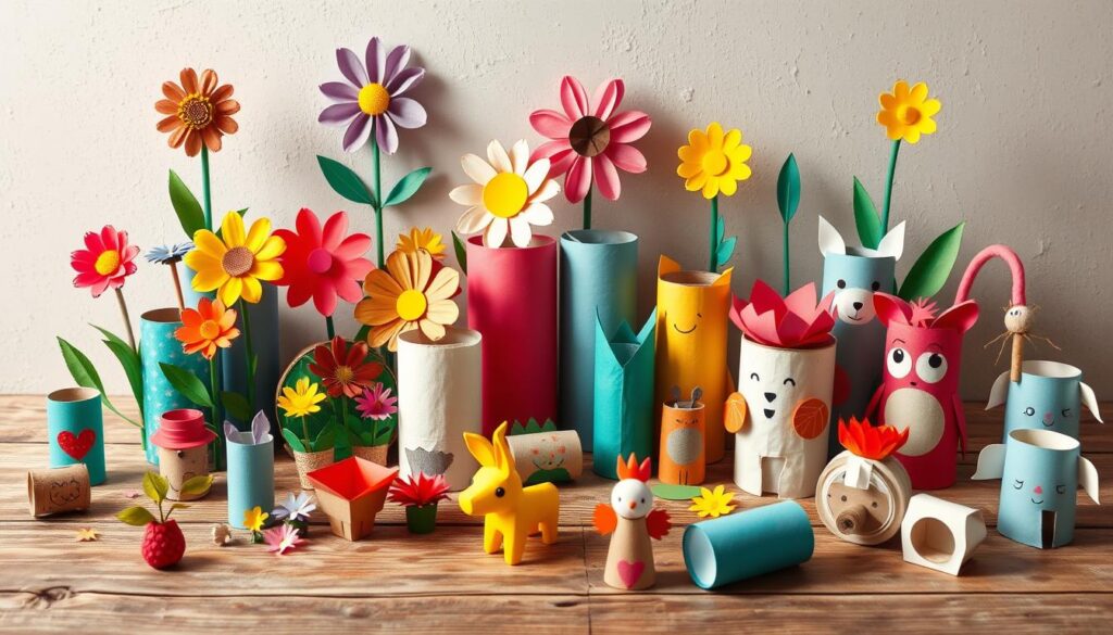 A whimsical still life of an assortment of colorful and creative toilet paper roll craft projects, artfully arranged on a rustic wooden table. Vibrant paper flowers, playful animal figurines, and other charming decorative items made from repurposed cardboard tubes fill the foreground, with soft natural lighting and a neutral background that allows the handcrafted details to shine. The resulting image captures the spirit of innovative and sustainable paper crafting, perfect for inspiring home decor projects.
