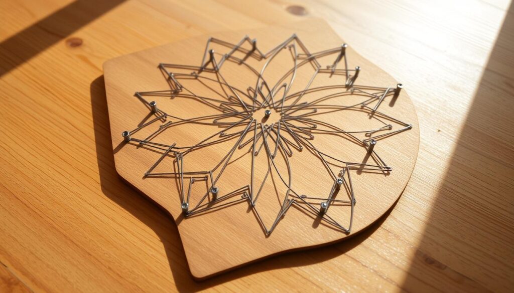 A wooden surface with a hand-drawn string art template, featuring intricate geometric patterns and marked nail placement points. The template is laid out on a clean, well-lit tabletop, casting gentle shadows that accentuate the depth and texture of the wood grain. The nails, arranged in precise positions, glint subtly, hinting at the artistic process to come. The overall scene exudes a sense of anticipation and careful preparation, inviting the viewer to envision the transformation of this simple template into a captivating string art masterpiece.