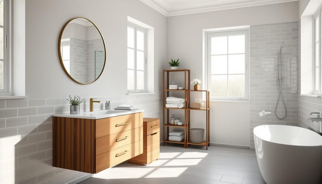 An airy, well-lit bathroom with a modern European aesthetic. In the foreground, a sleek vanity with minimalist cabinetry and drawers in a warm wood tone. Atop the vanity, a circular mirror with brass accents reflects the natural light streaming through large windows. In the middle ground, a freestanding shelving unit displays decorative bathroom essentials like glass jars, potted plants, and plush towels. The background features subway tile walls in a soft gray hue, complemented by polished chrome fixtures. The overall atmosphere is one of understated elegance and functional simplicity.