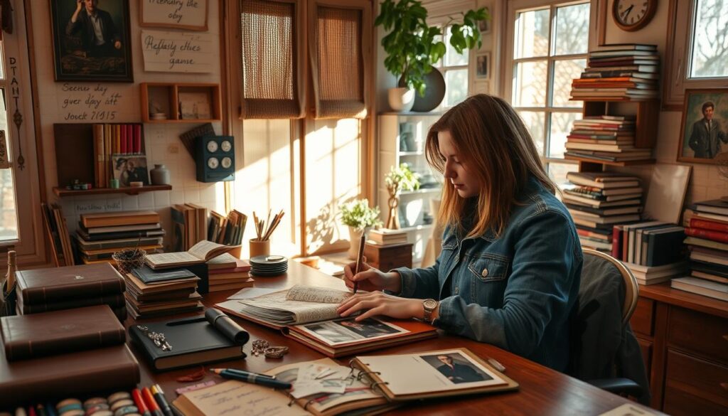 Designing memory books with creativity: A cozy, well-lit home studio, filled with vintage leather-bound journals, calligraphy pens, washi tapes, and an array of colorful scrapbooking supplies. A person, dressed in casual attire, sits at a wooden desk, carefully curating and arranging personal photos, ticket stubs, and handwritten notes into a leather-bound book. Warm, natural lighting streams in through large windows, casting a soft glow on the scene. The atmosphere is one of focused creativity, nostalgia, and a sense of cherishing meaningful memories.