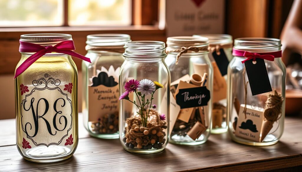 Personalized glass jars arranged on a wooden surface, each adorned with unique decorative elements - hand-painted designs, colorful ribbons, hand-stamped labels, and personal mementos. Soft, warm lighting casts a cozy glow, highlighting the varied textures and colors. In the foreground, a jar features a handwritten monogram, while another showcases pressed flowers. In the middle ground, jars are embellished with twine, beads, and chalkboard-style tags. The background reveals a rustic, natural setting, perhaps a farmhouse-inspired space or a crafting nook, adding to the charming, homespun atmosphere. The overall scene conveys a sense of individuality, creativity, and the joyful, mindful act of transforming ordinary glass containers into personalized, meaningful works of art.