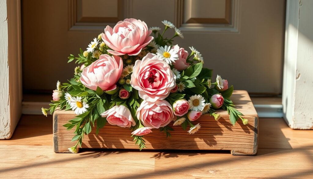 Prompt A charming spring-inspired door stop design, featuring a delicate floral arrangement cascading over a weathered wooden base. The composition highlights a mix of colorful blooms such as pink peonies, white daisies, and lush green foliage, arranged in a natural, asymmetrical layout. Warm, soft lighting casts gentle shadows, enhancing the organic, handcrafted feel. The design is both functional and decorative, seamlessly blending into a rustic or farmhouse-style entryway. The overall aesthetic evokes a sense of seasonal renewal and inviting, homespun appeal.